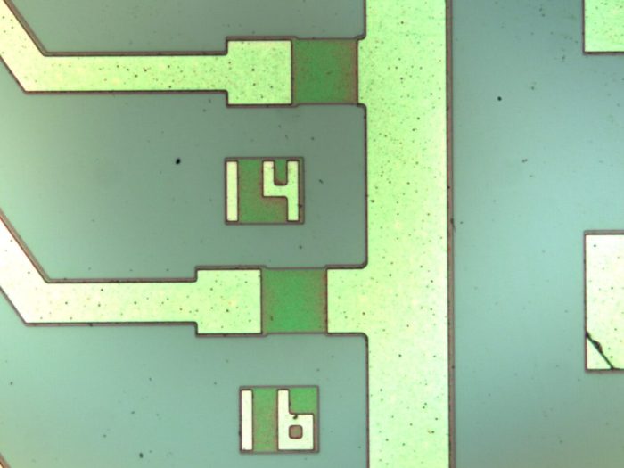 The metal interconnect layers of an integrated circuit at high magnification